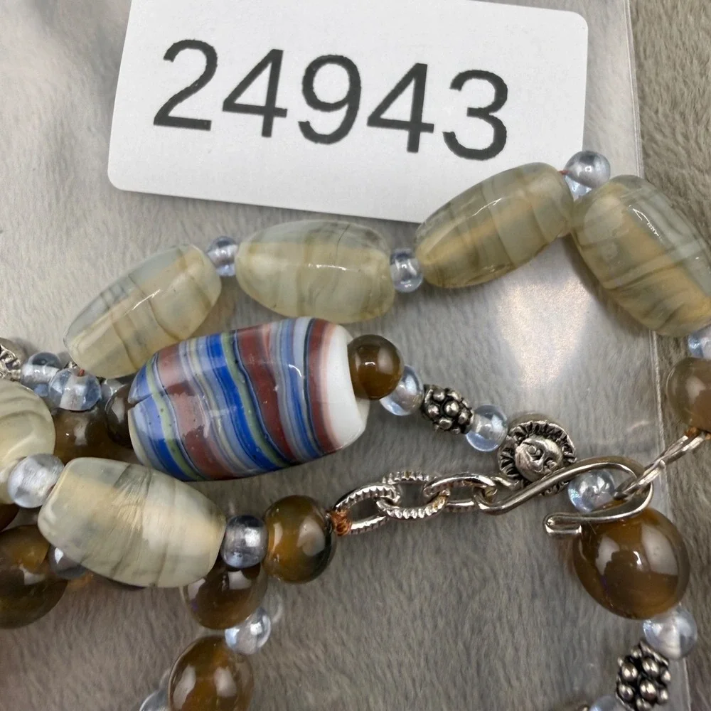Vintage Estate Necklace Beaded Glass Polished Stone Multicolor Boho 22